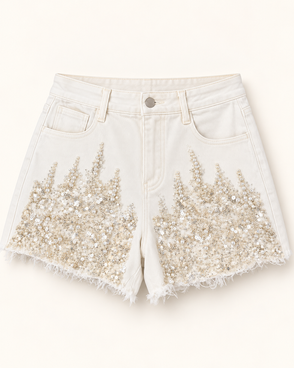 Pearl & Sequin Embellished High-Rise Denim Shorts