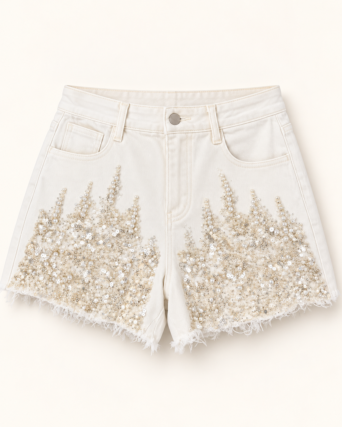 Pearl & Sequin Embellished High-Rise Denim Shorts