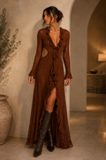 Mocha Lace Cutout Ruffle Maxi Dress