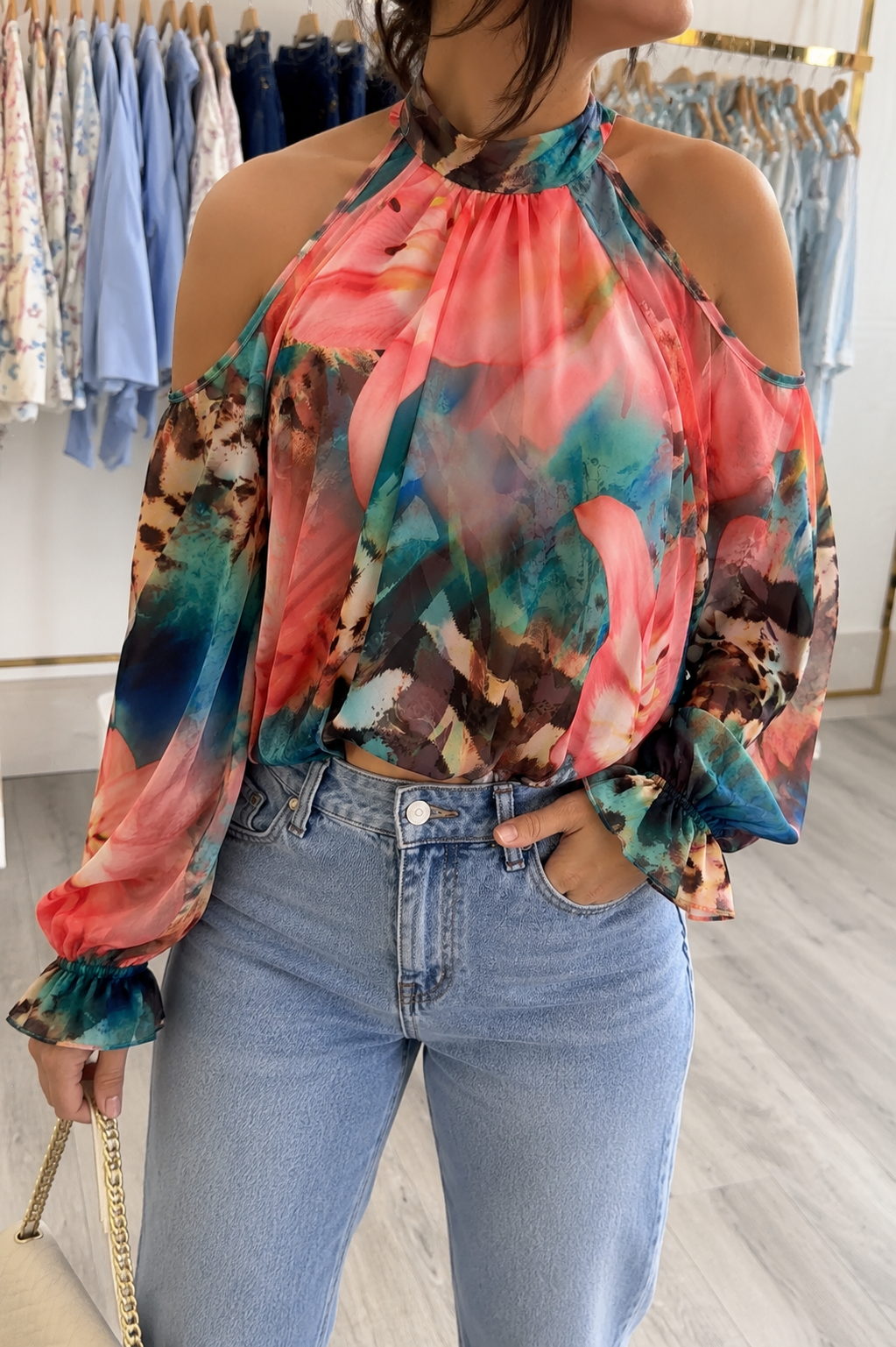 Tropical Bloom Cold Shoulder Blouse
