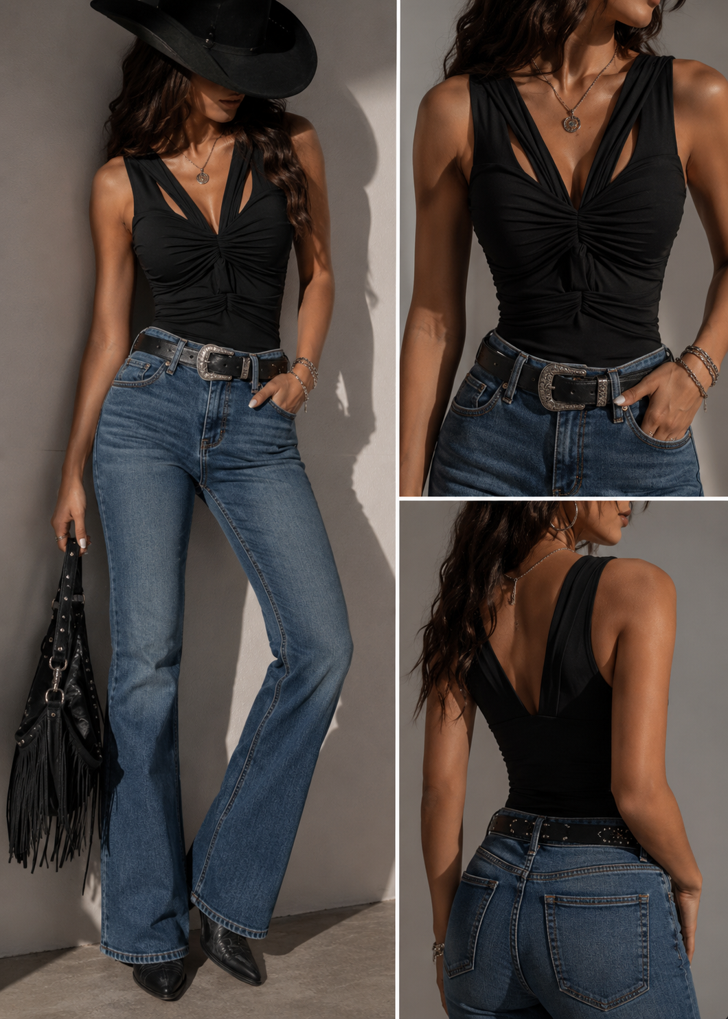 Ruched Cutout Deep V-Neck Top
