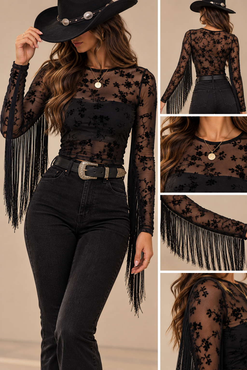 Black Fringe Mesh Long Sleeve Top