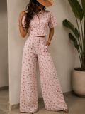 Pink Polka Dot Cropped Shirt & Wide Leg Pants Set