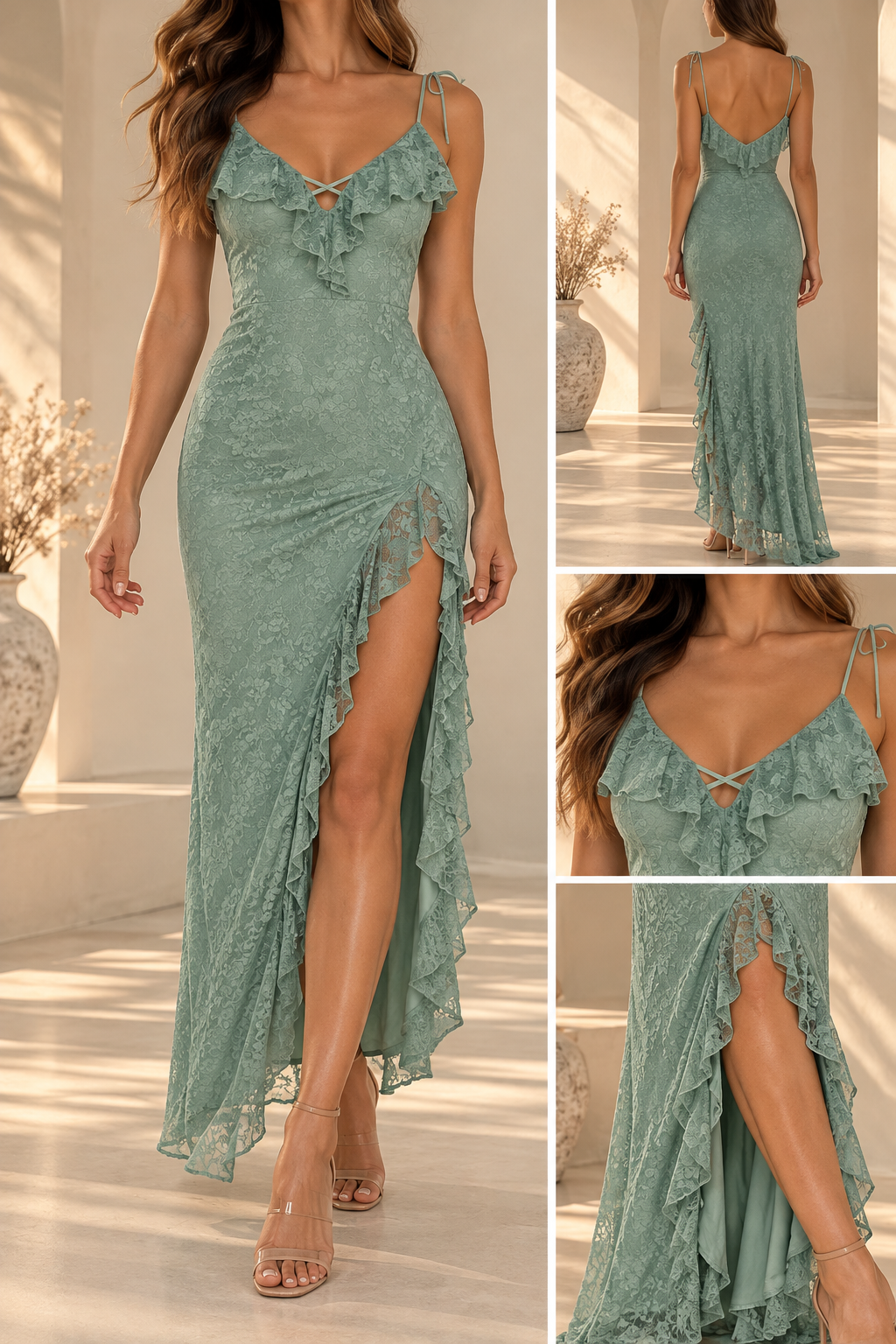 Sage Romance Floral Lace Ruffle Maxi Dres