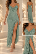 Sage Romance Floral Lace Ruffle Maxi Dres