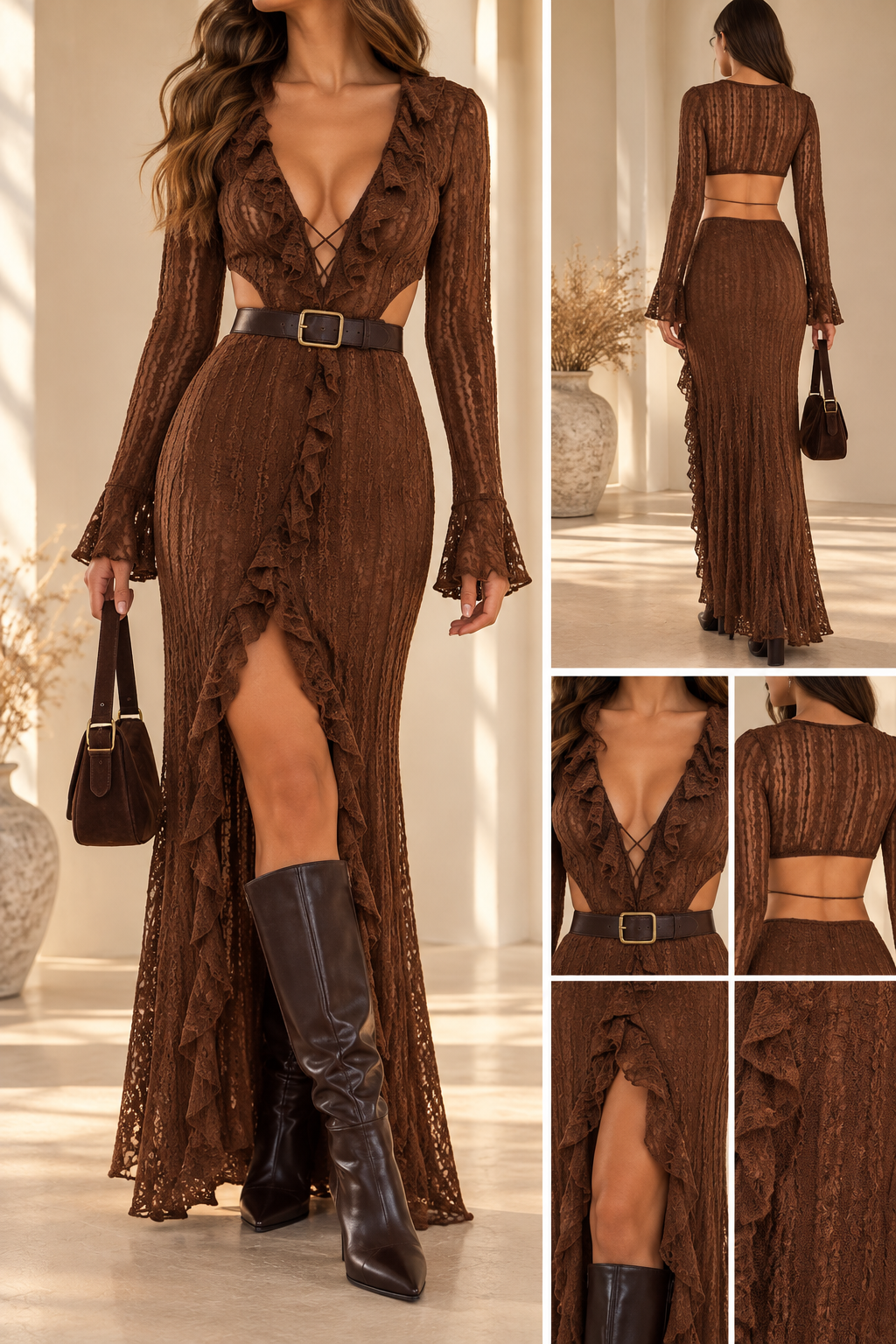 Lace Ruffle Cutout Maxi Dress