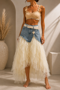 Denim & Tulle Layered Maxi Skirt with Belt Charm