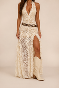 Ivory Lace Ruffle Halter Maxi Dress