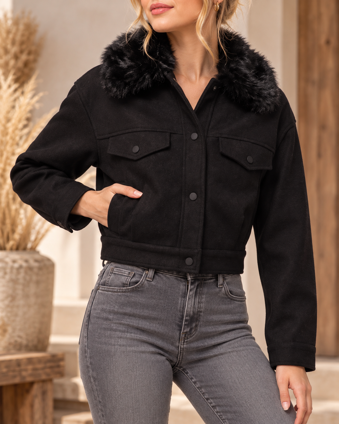 Faux Fur Collar Cropped Jacket
