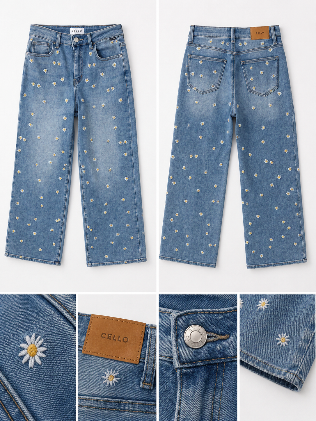 Cello Daisy Embroidered Wide Leg Jeans
