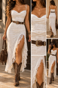 Marisella Lace Ruched Maxi Dress with Ruffle Slit