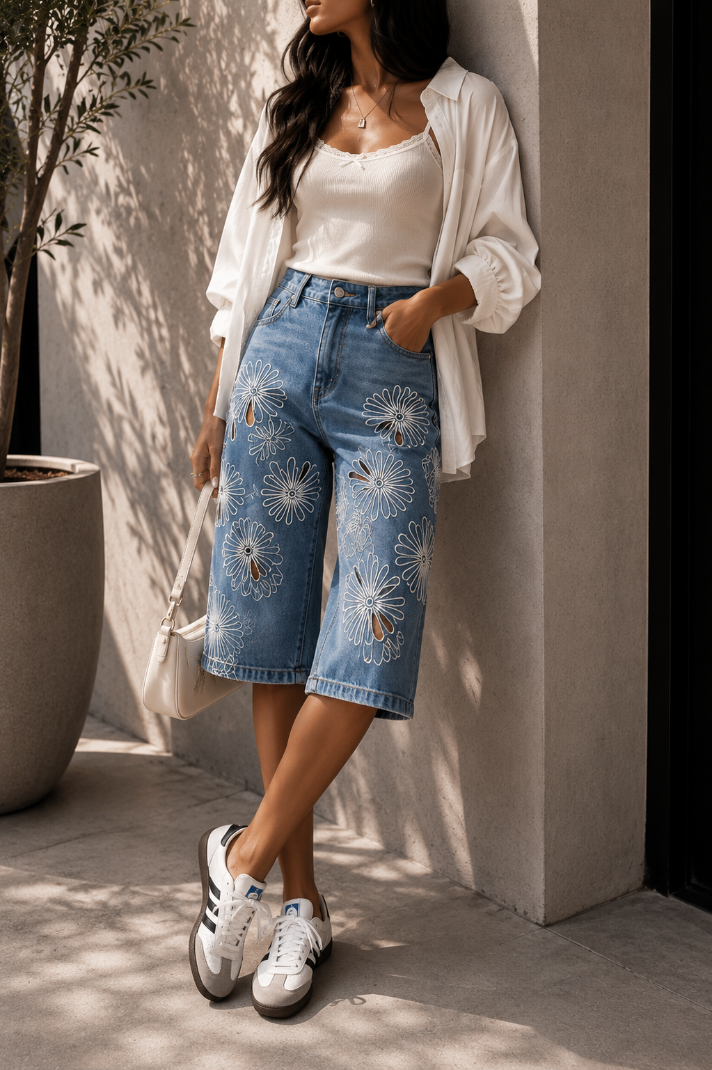 Floral Embroidered Denim Bermuda Shorts