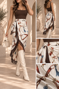 Equestrian Print Fringe Wrap Midi Skirt