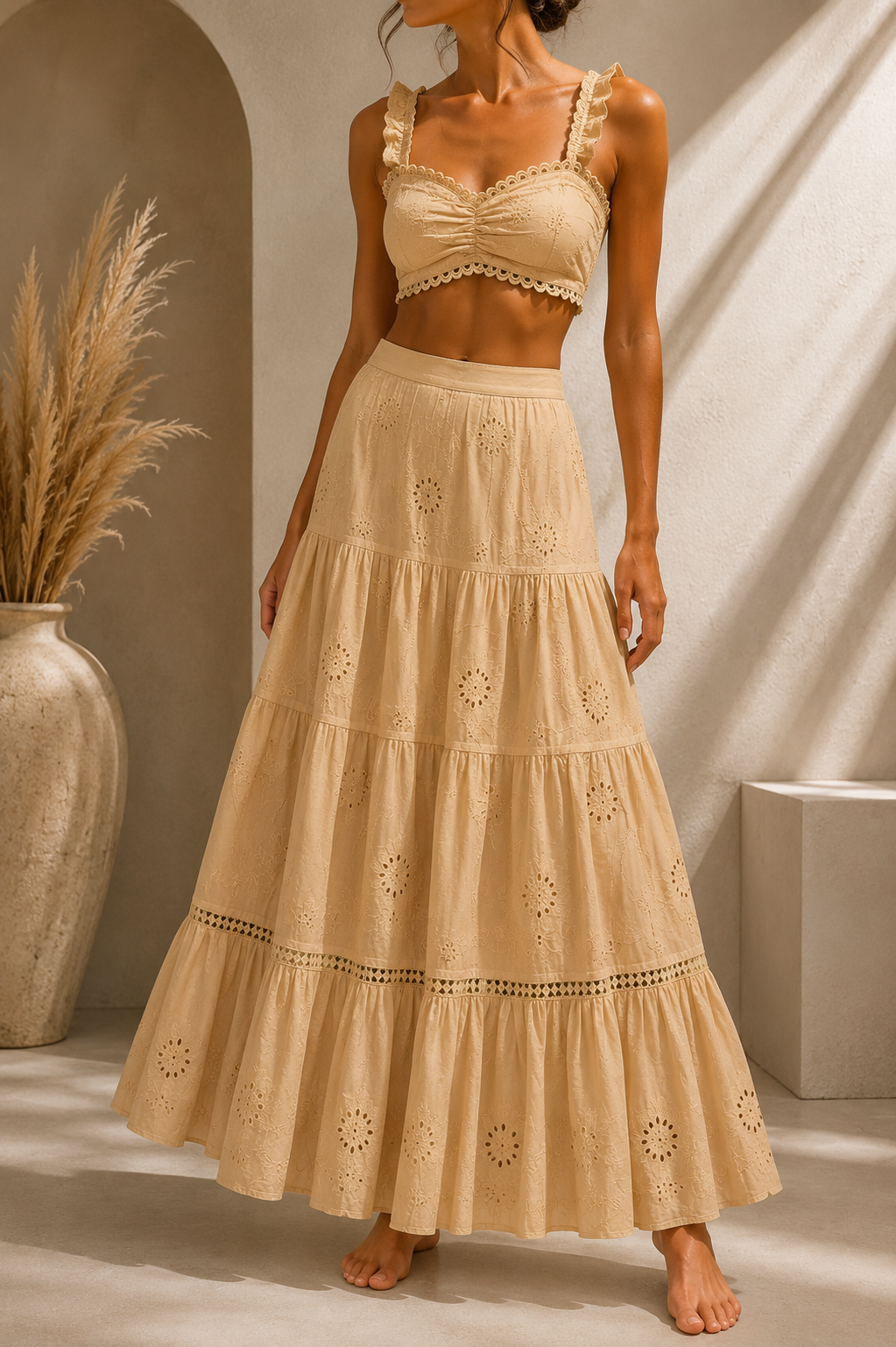 Eyelet Embroidered Tiered Maxi Skirt