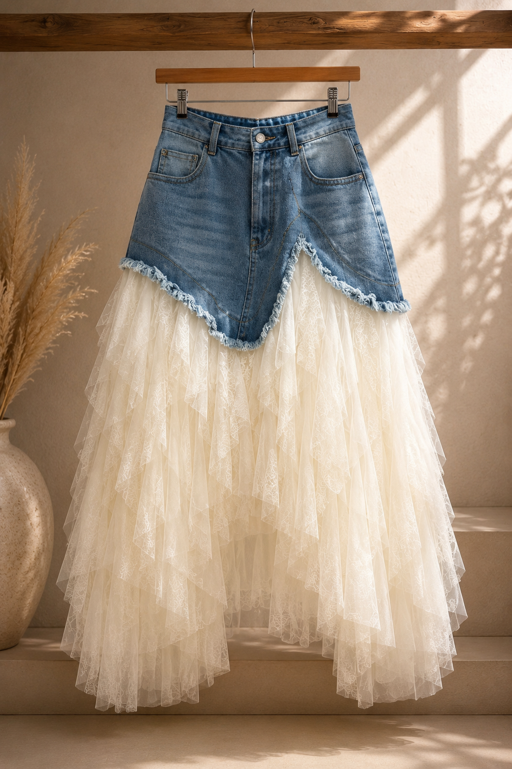 Denim & Tulle Layered Maxi Skirt with Belt Charm