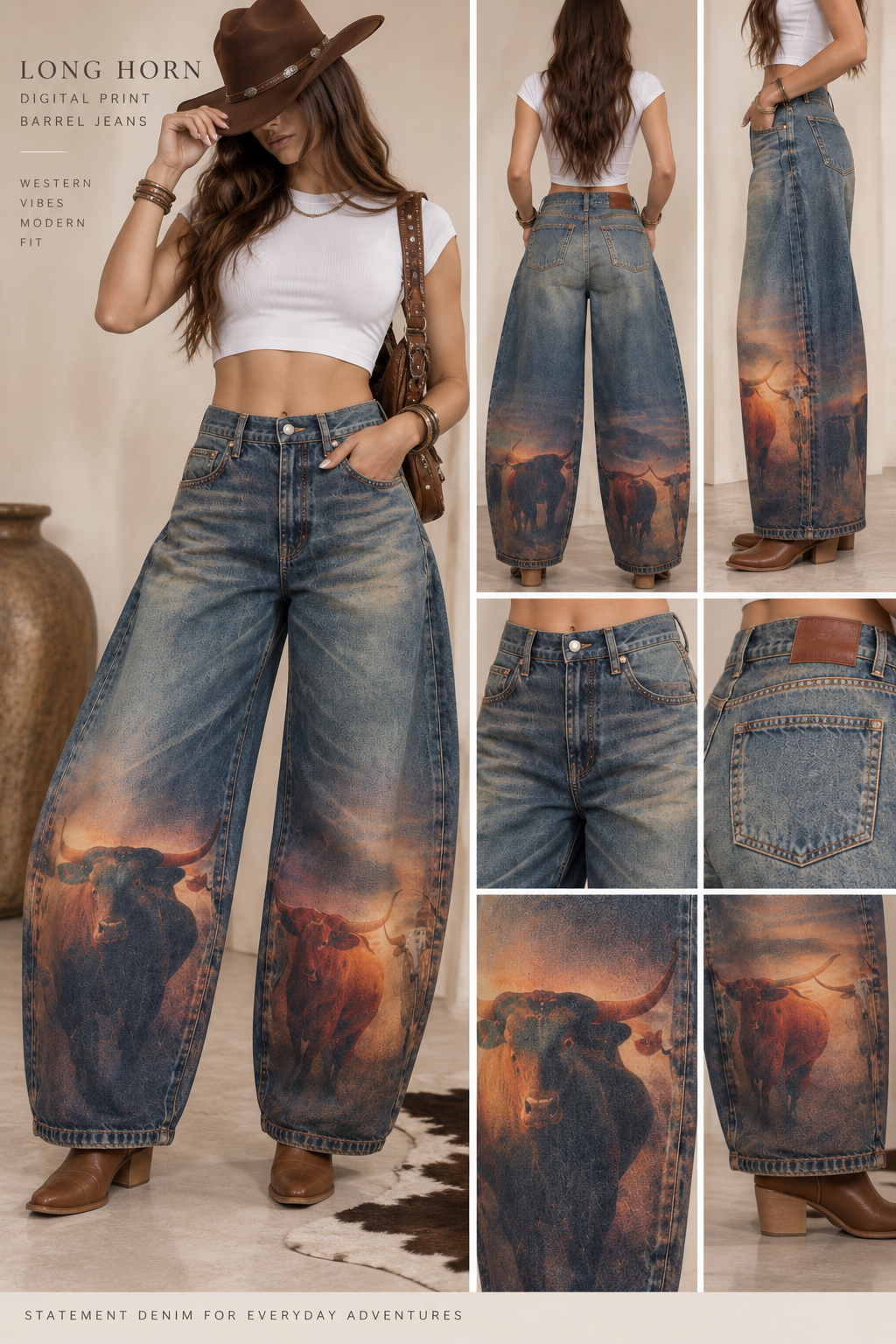 Long Horn Digital Print Barrel Jeans Toro