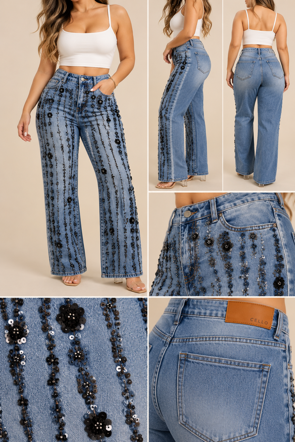Floral Embellished High Rise Wide Leg Jeans