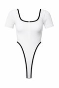 Ribbed Square Neck Zip-Up Contrast Binding Short Sleeve Bodysuit