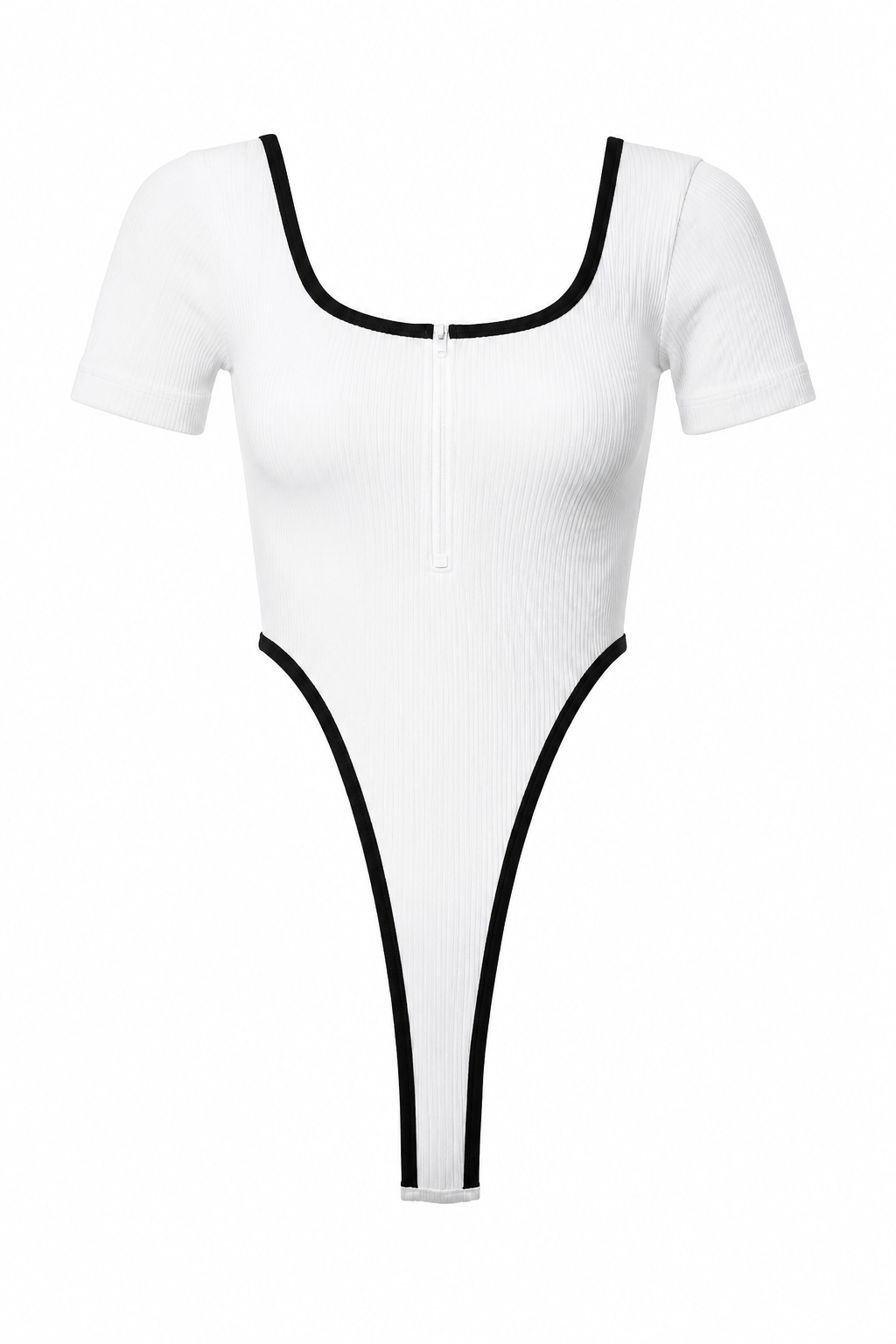 Ribbed Square Neck Zip-Up Contrast Binding Short Sleeve Bodysuit
