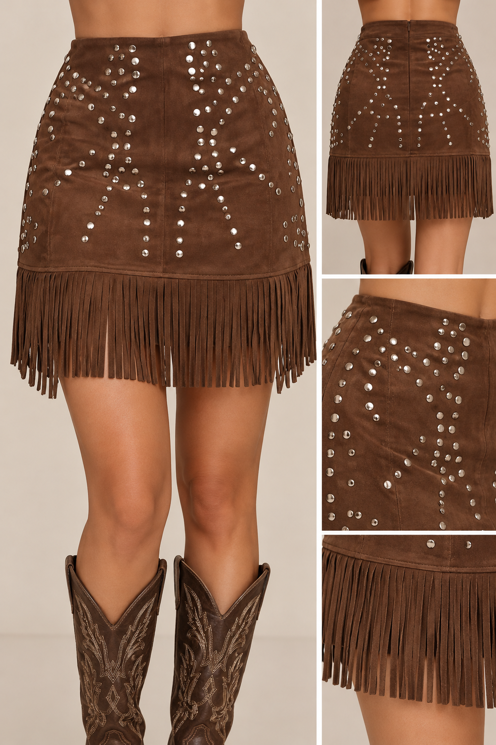 Western Studded Fringe Suede Skirt
