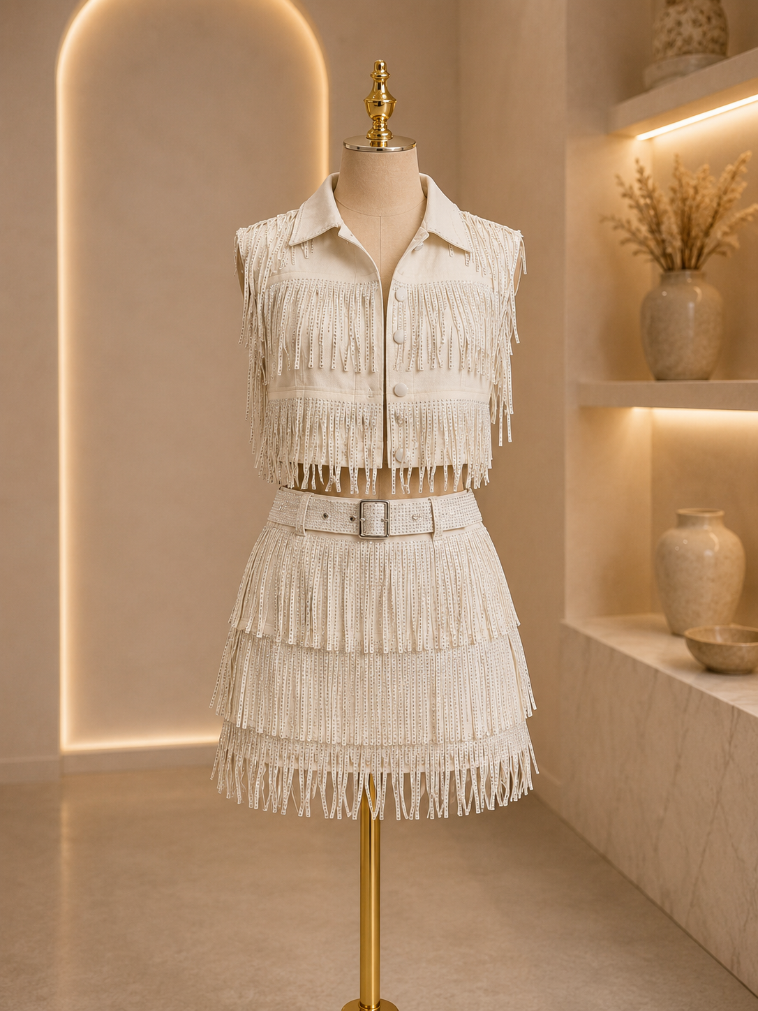 Ivory Rhinestone Fringe Mini Skirt