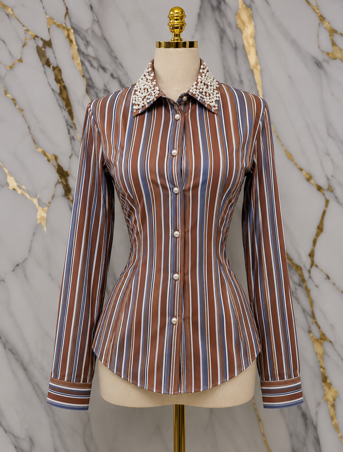 Rhinestone Collar Striped Button-Down Shirt