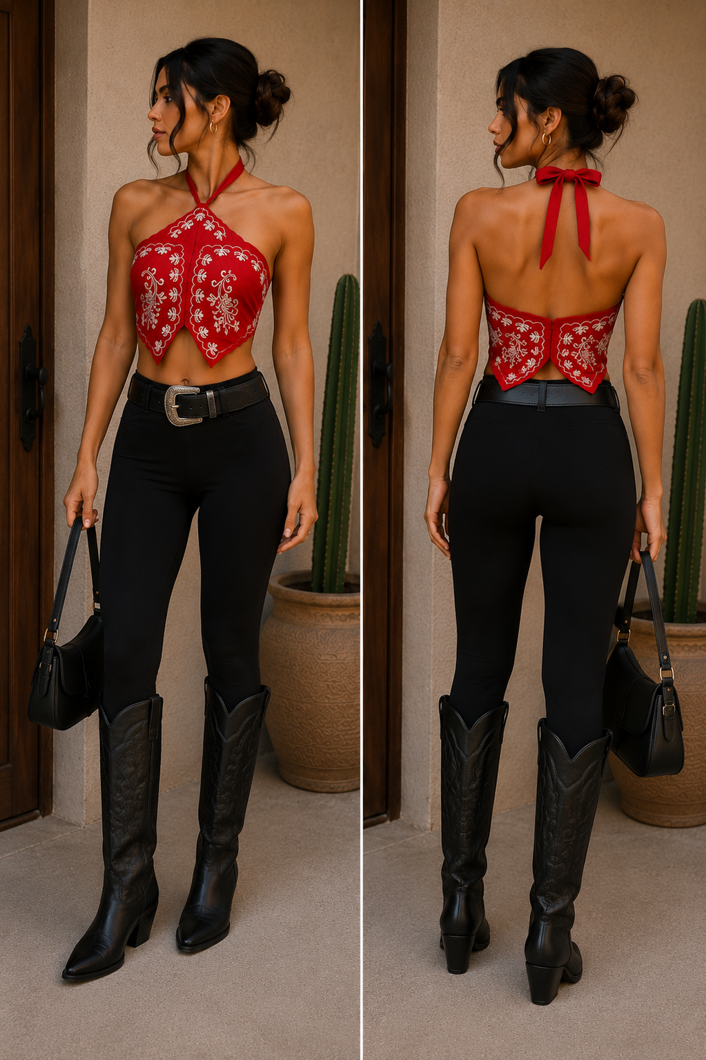 Embroidered Halter Scarf Top – Black