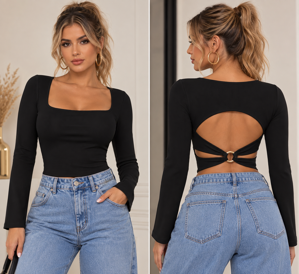Open-Back Ring Detail Long Sleeve Top