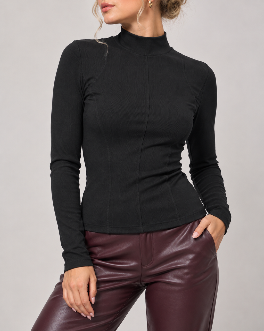 Chic Ribbed Mock Neck Long Sleeve Top