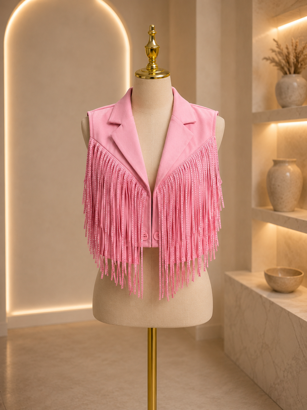 Pink Rhinestone Fringe Cropped Vest
