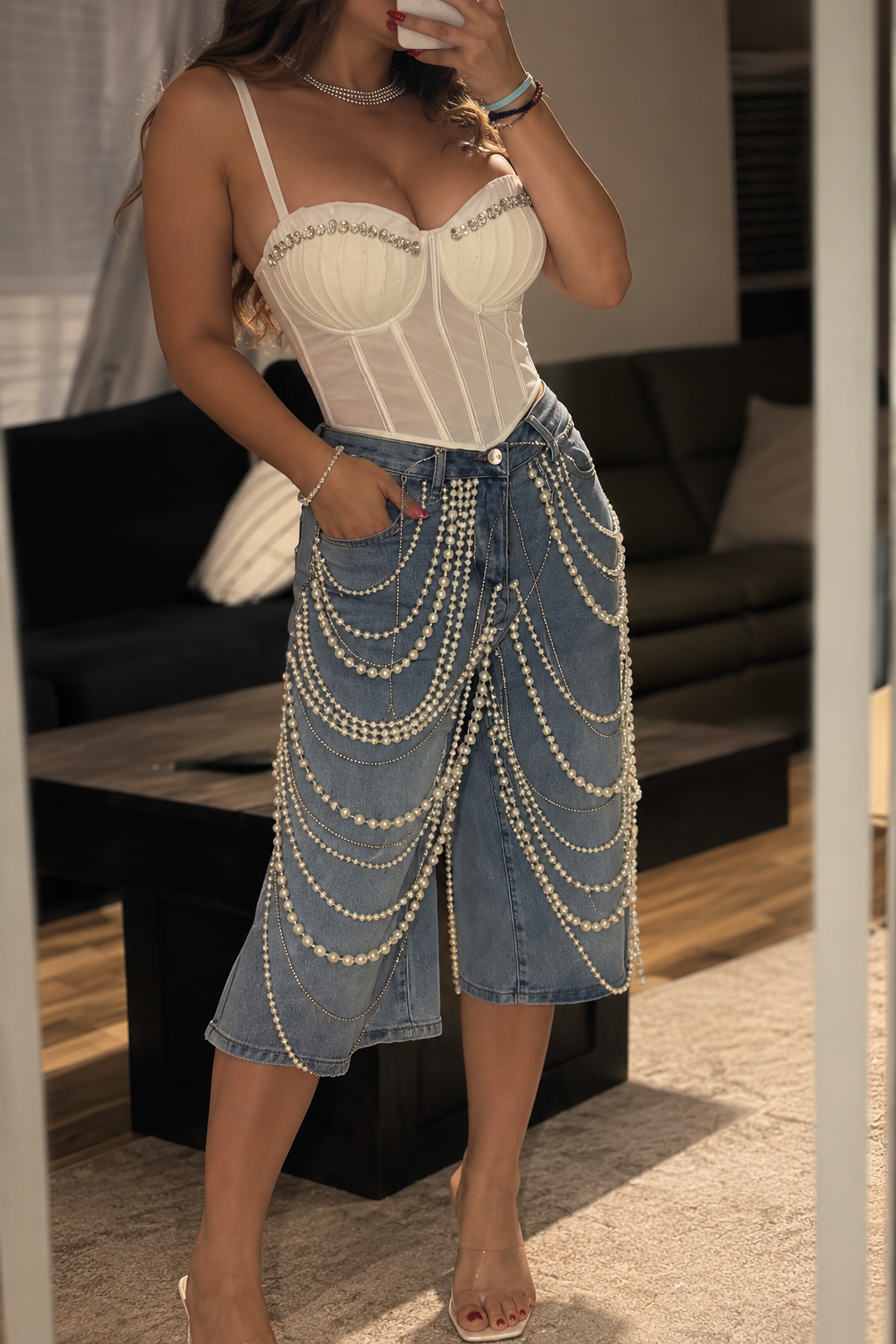 Pearl Draped Denim Culotte Jeans