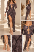 Brown Floral Mesh Cutout Asymmetrical Dress