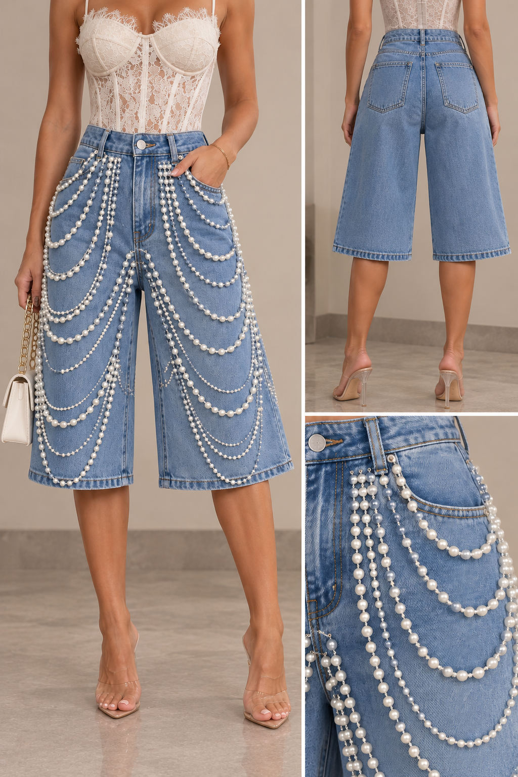 Pearl Draped Denim Culotte Jeans