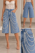 Pearl Draped Denim Culotte Jeans