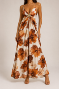 Printed Drop Waist Maxi Dress w/ Gold Oval Trim.