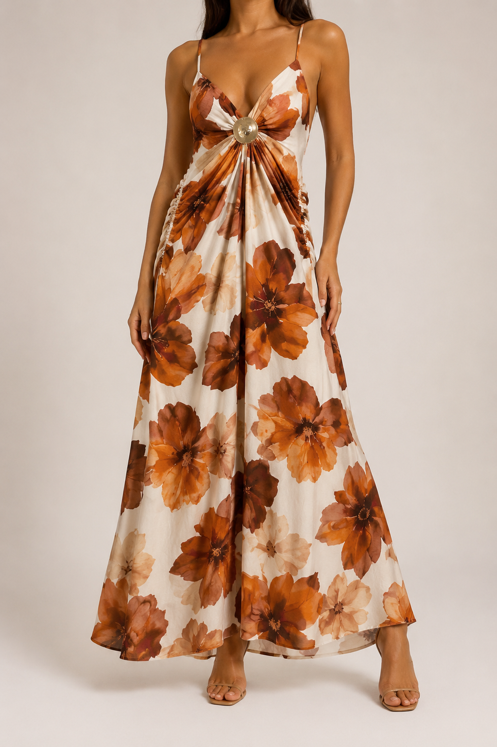 Printed Drop Waist Maxi Dress w/ Gold Oval Trim.