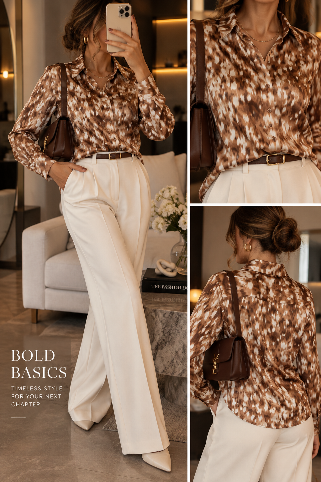 Brown Satin Abstract Print Button-Up Blouse