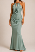 Sage Halter Ruched Maxi Dress