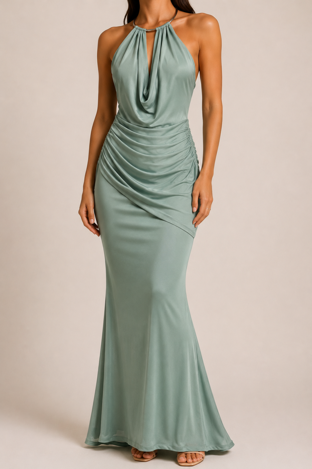 Sage Halter Ruched Maxi Dress