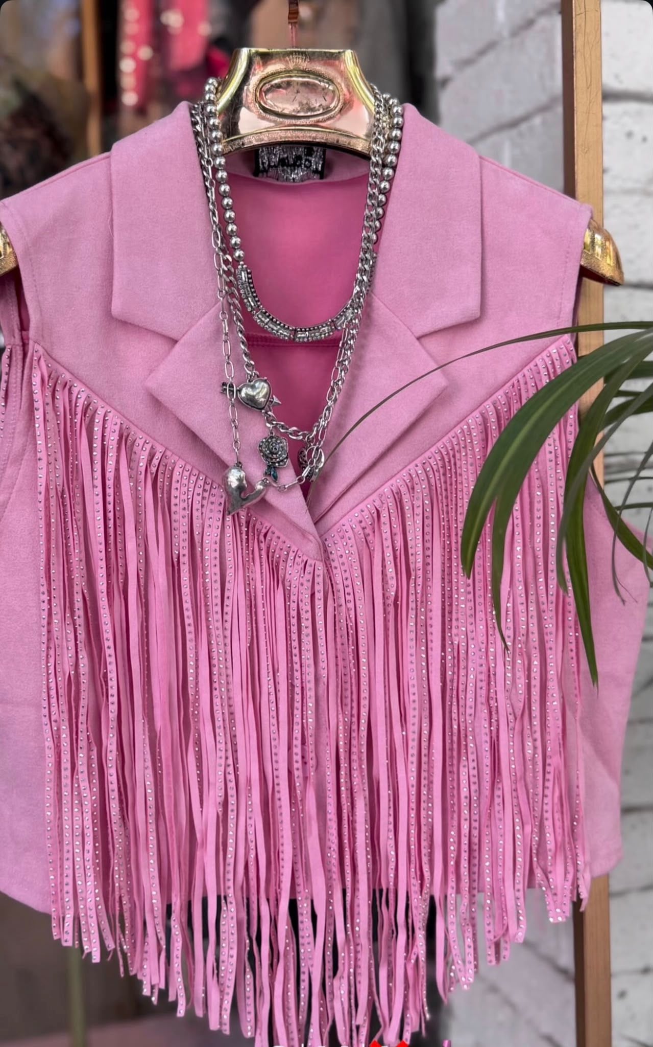 Pink Rhinestone Fringe Cropped Vest