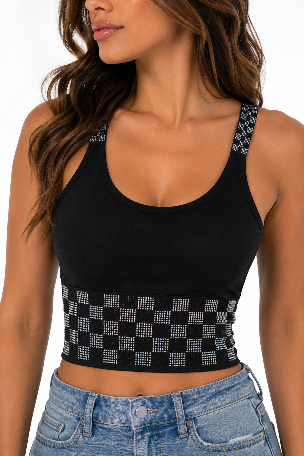 Rhinestone Checkered Basic Crop Top