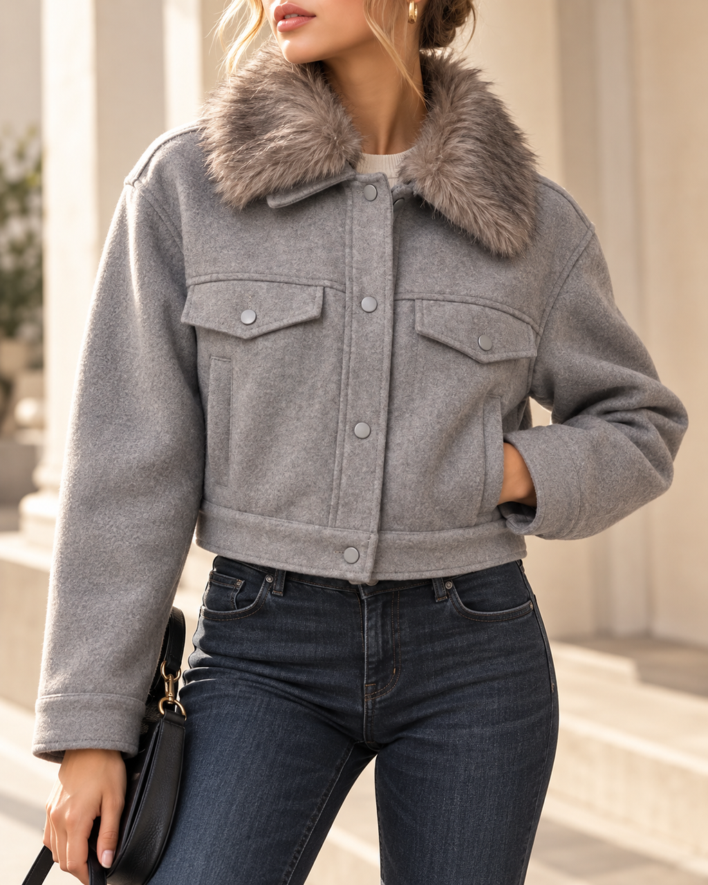 Faux Fur Collar Cropped Jacket