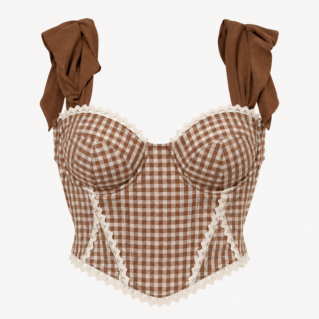 Brown Gingham Corset Crop Top