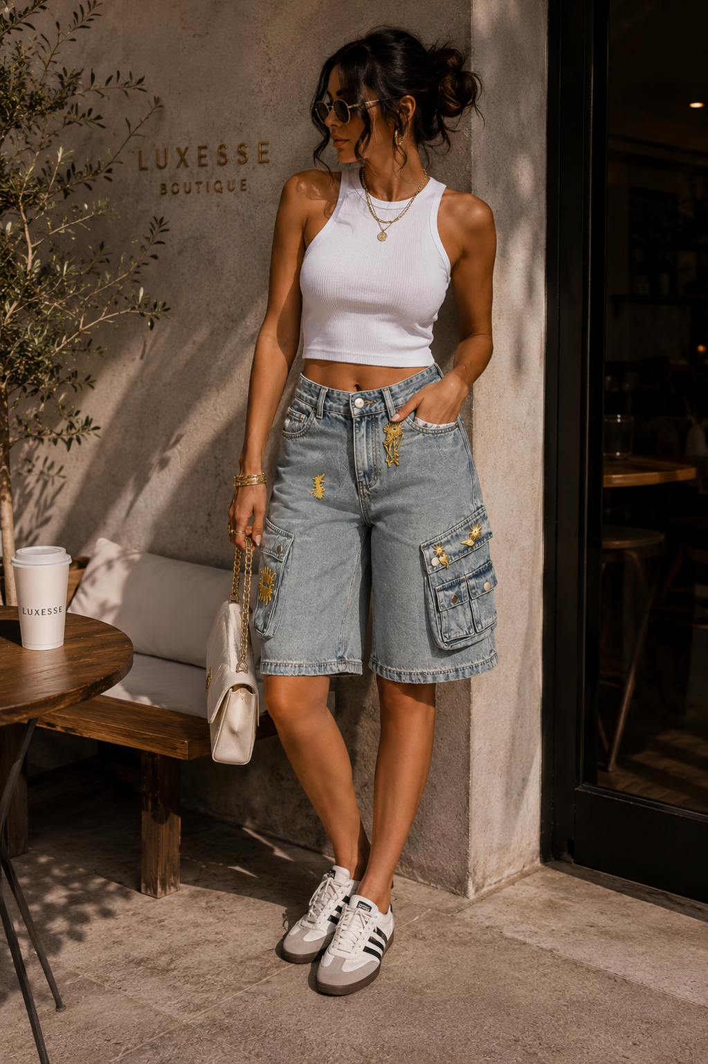 Embellished Cargo Denim Culottes – Light Wash