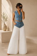 Denim pant/skort with white pleated wide-leg bottom