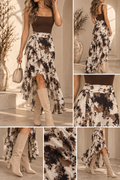 Cow Print Ruffle High-Low Maxi Skirt