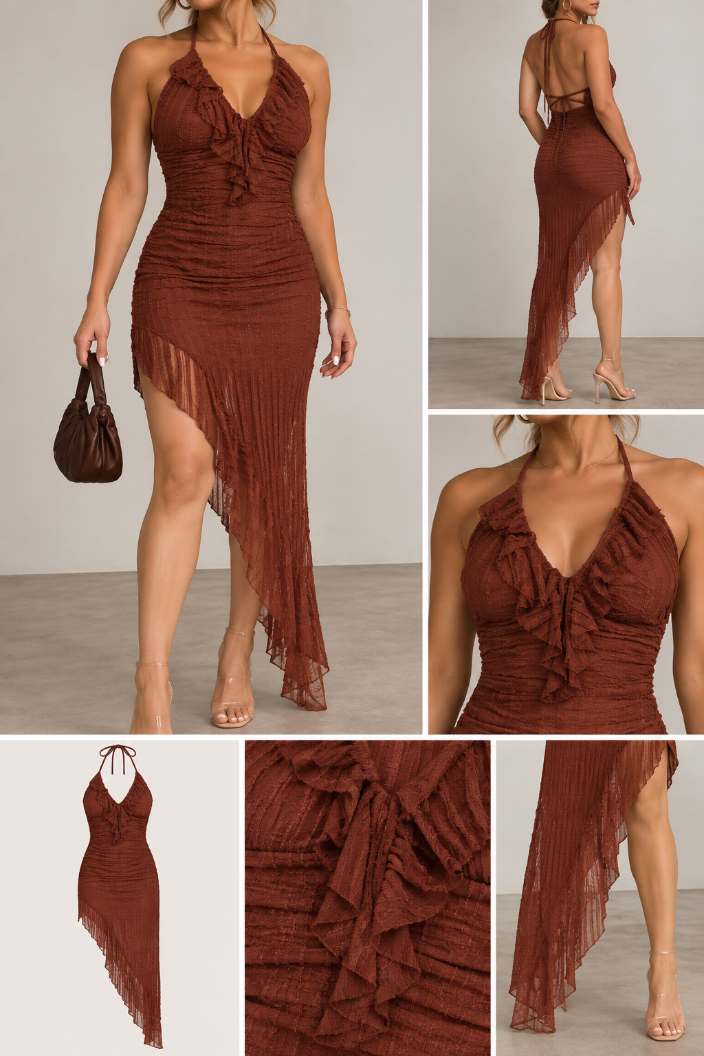 Rust Lace Asymmetrical Halter Dress