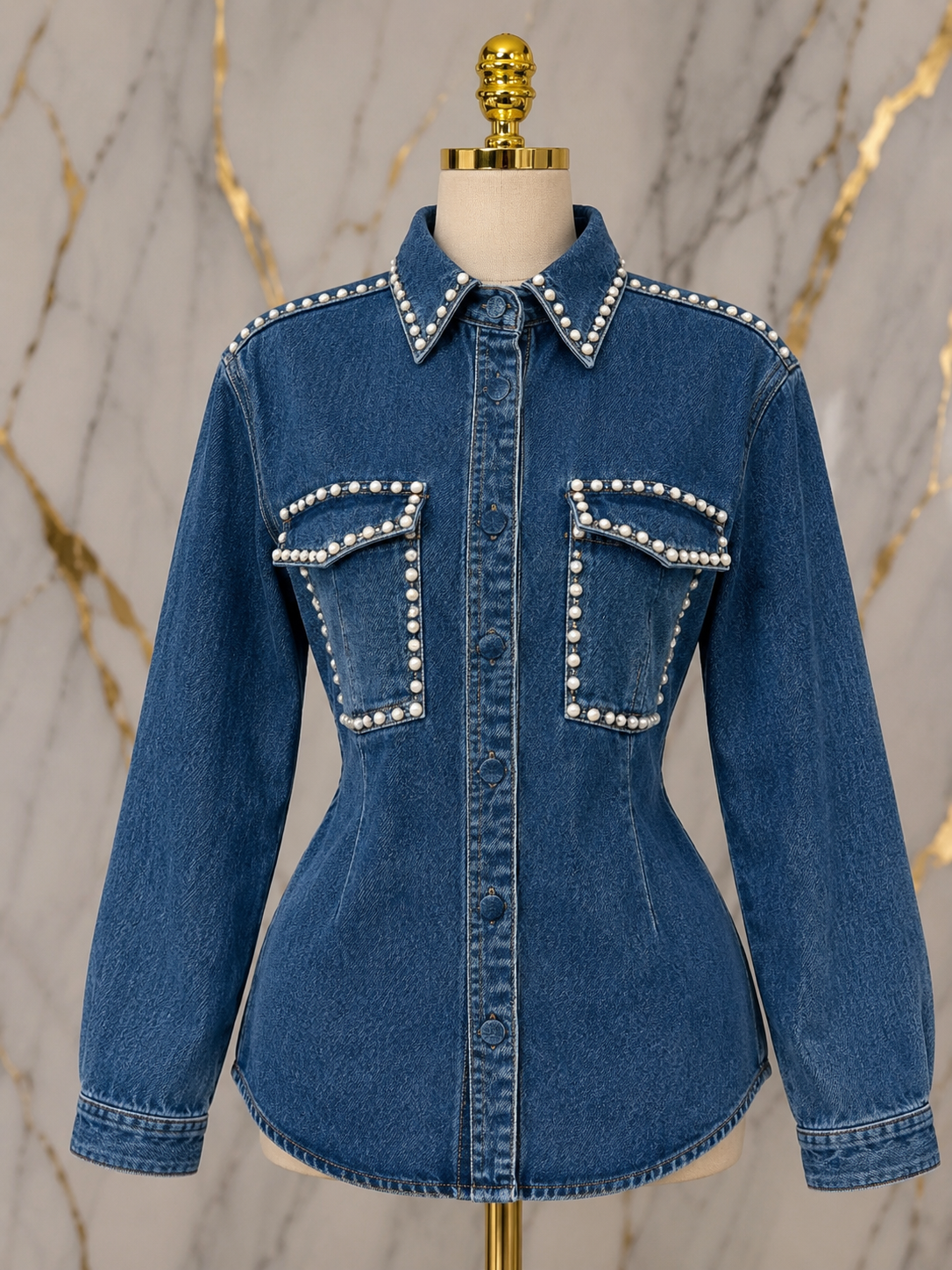 Pearl Embellished Denim Button-Down Shirt