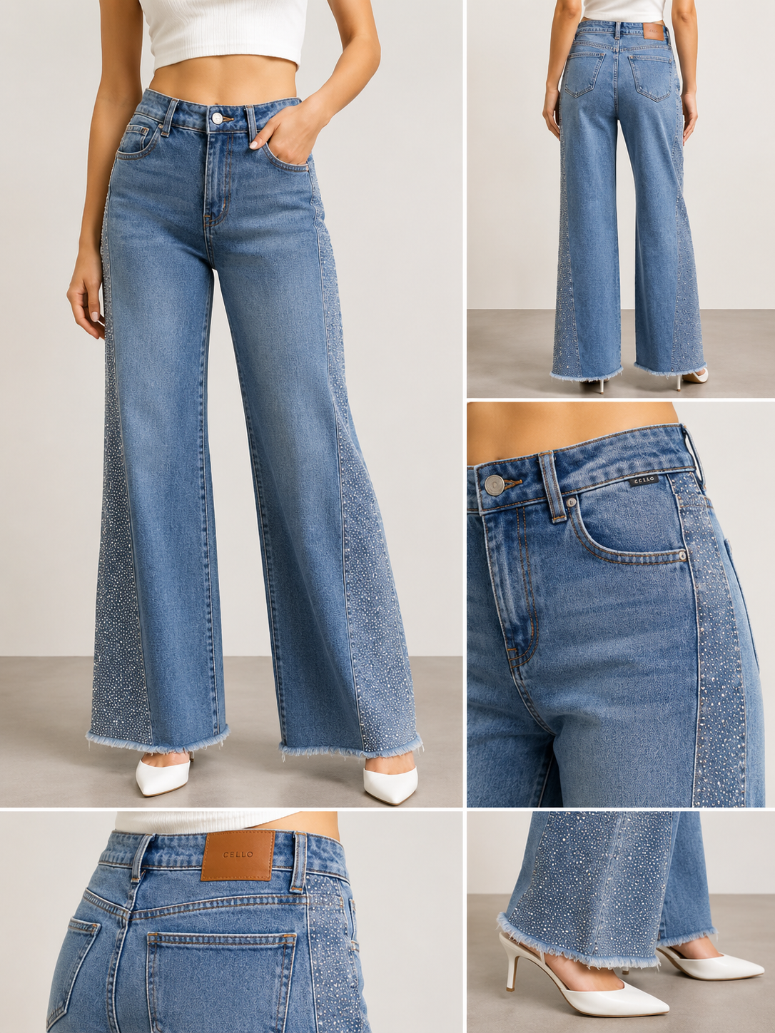 Cello High Rise Rhinestone Wide Leg Jeans