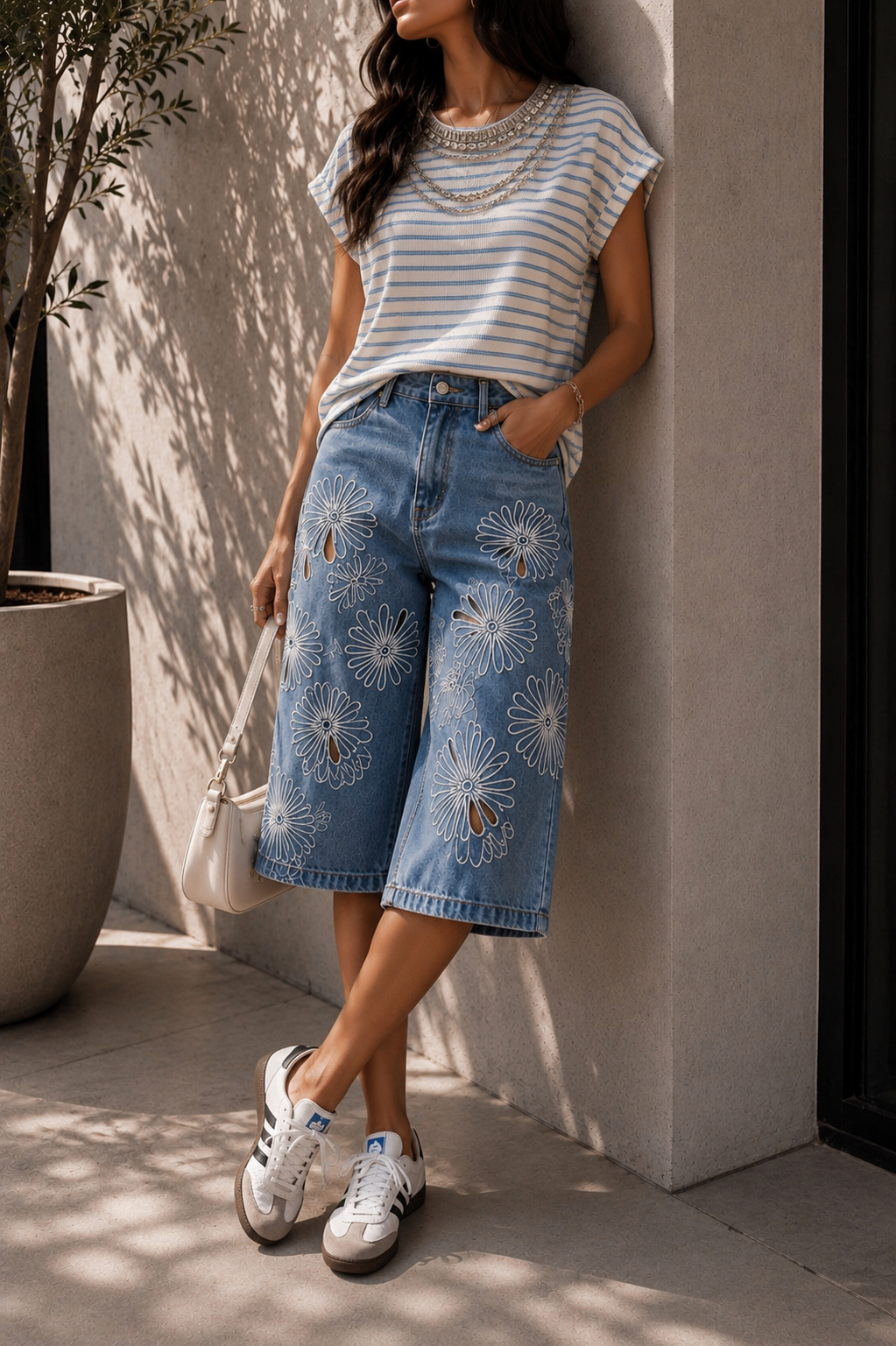 Floral Embroidered Denim Bermuda Shorts